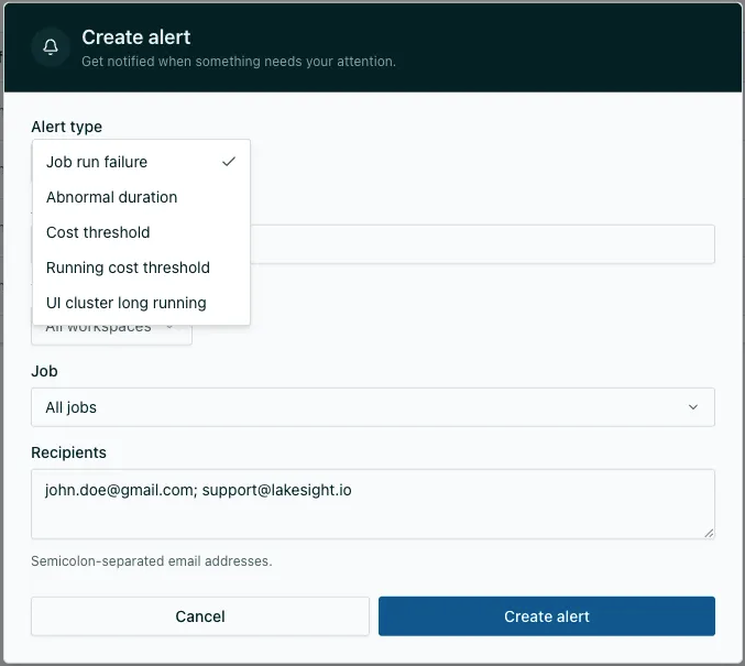 Lakesight — Create alerts on any job, including submitted jobs